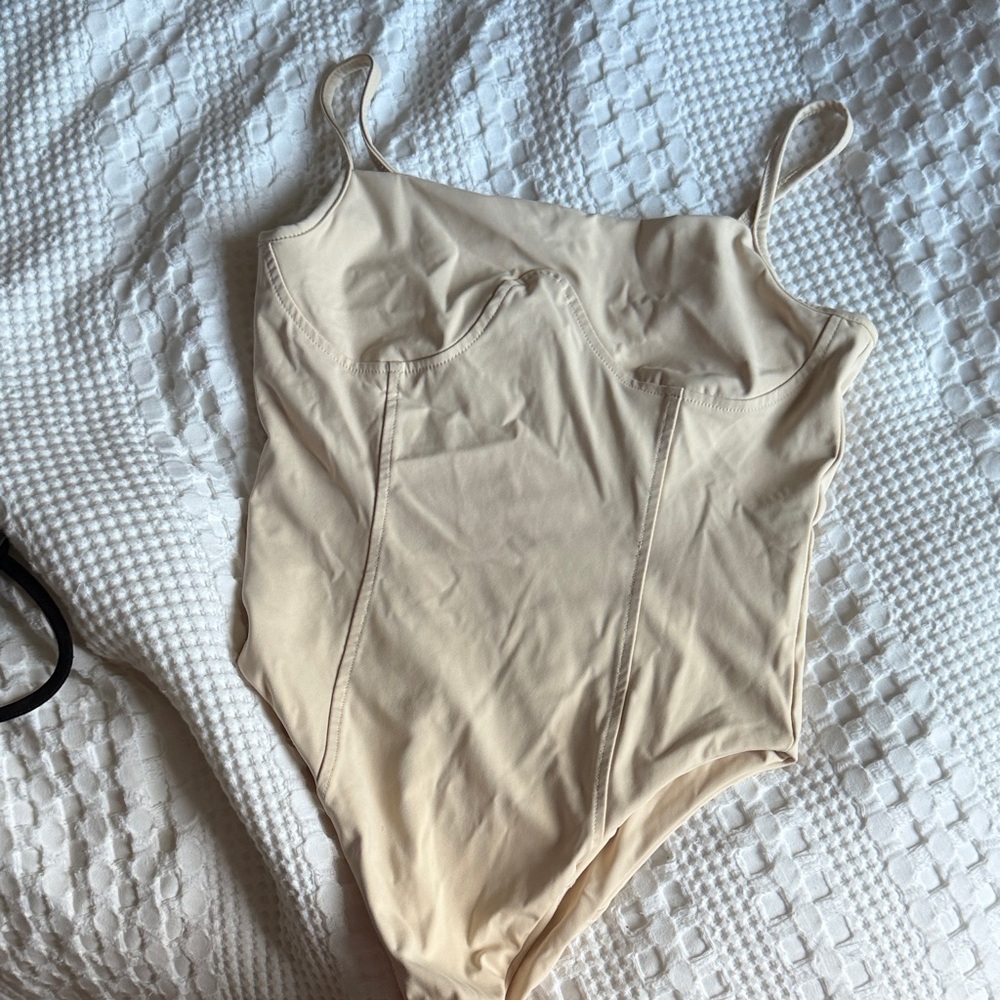 Beige Seam Detail One-Piece Bodysuit
